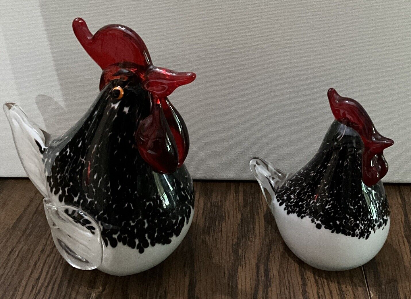 Handblown Art Glass Rooster And Matching Hen Statues Used As Paper Weights.