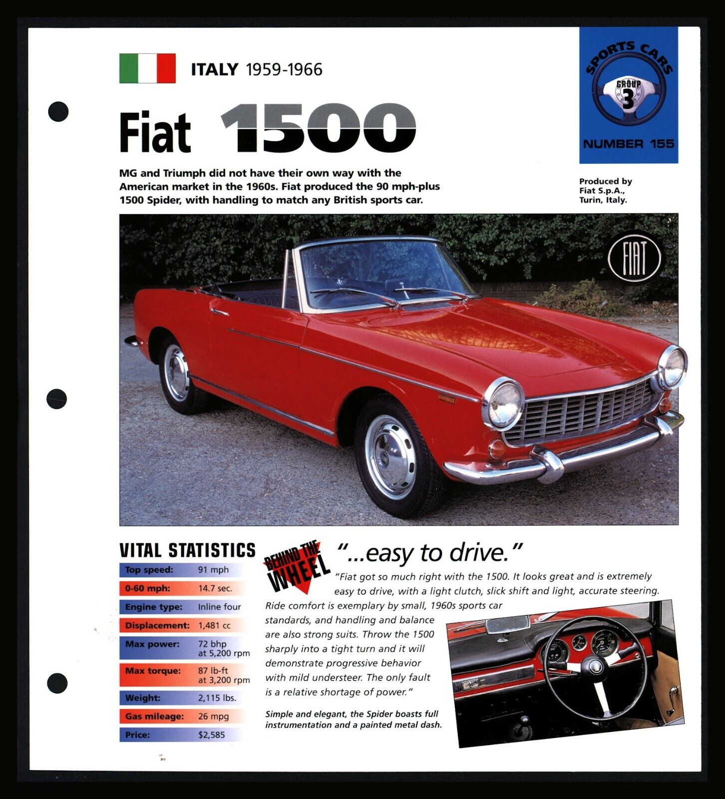 Fiat 1500 (Italy 1959-1966) Spec Sheet 1998 HOT CARS Sports Cars #3.155