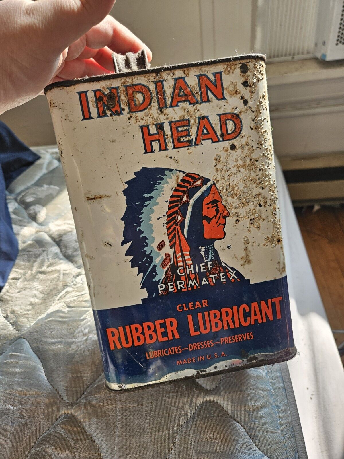 Vtg Indian Head Clear Rubber Lubricant Can Chief Permatex 1 Gallon Empty Tin