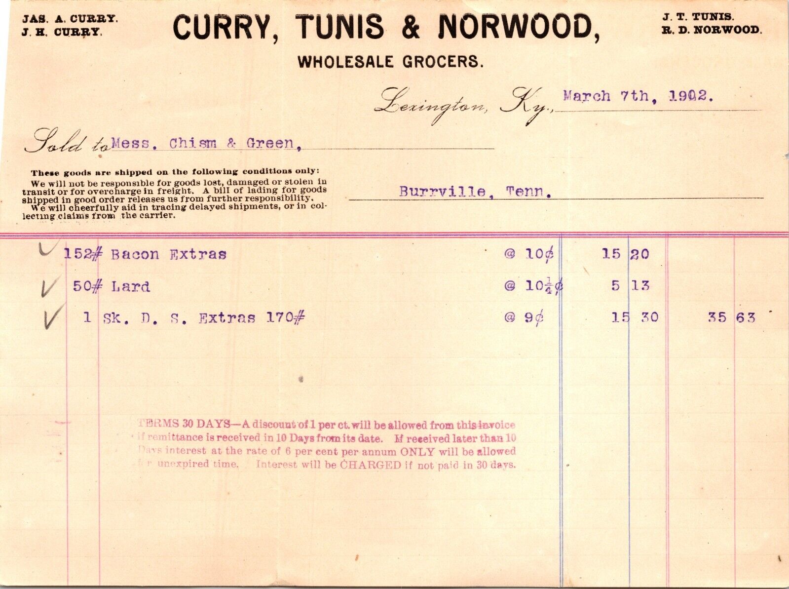 Curry Tunis & Norwood Lexington KY 1902 Billhead Wholesale Grocers