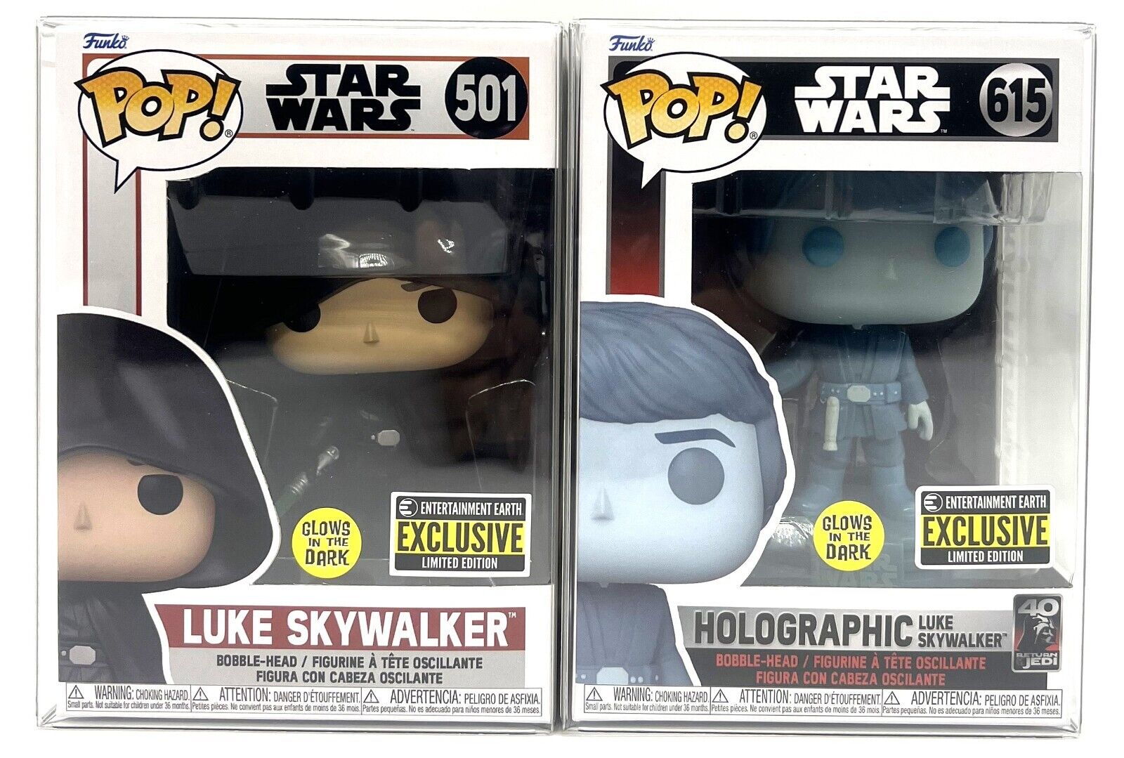 Funko Pop Star Wars Luke Skywalker #501 & Holographic Luke #615 GITD EE Exc Set
