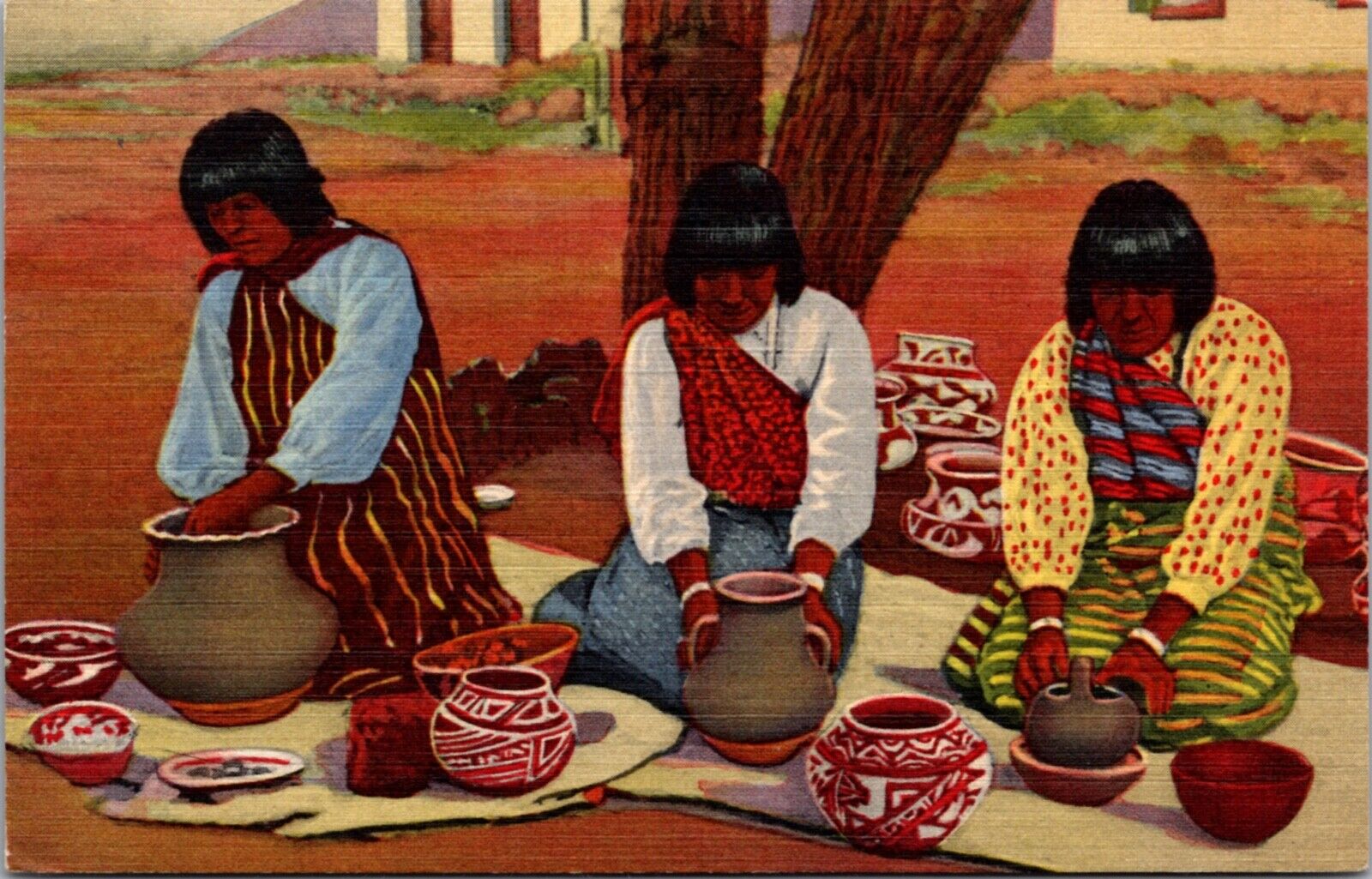 Linen Postcard Pueblo Indian Women Making Pottery