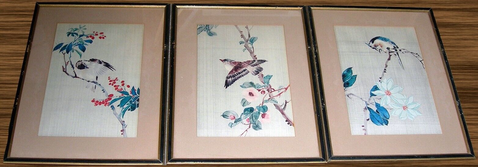 3 Vintage Antique Chinese Japanese Watercolors on Silk Linen Rice Paper