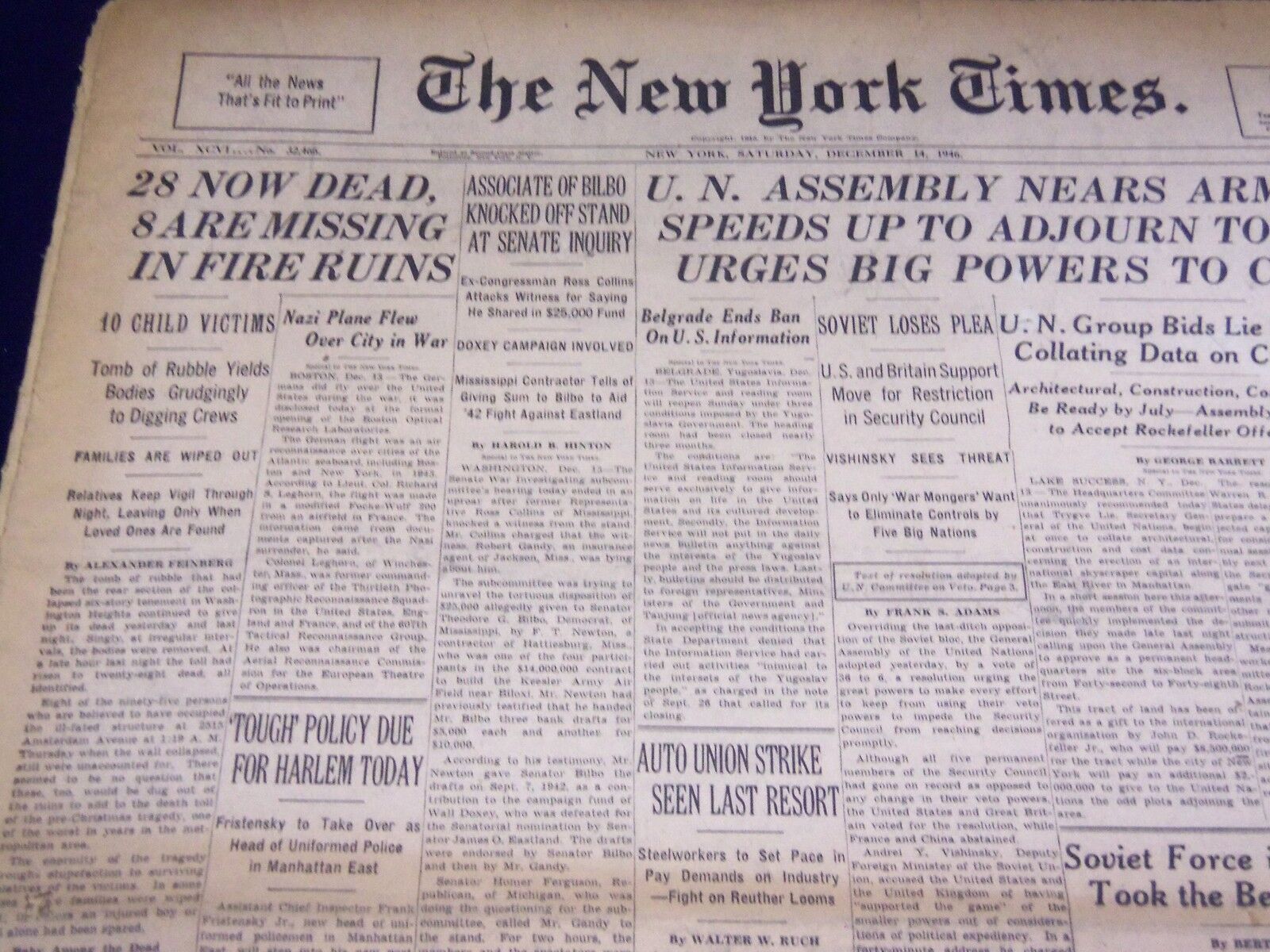 1946 DEC 14 NEW YORK TIMES - 28 NOW DEAD IN FIRE RUINS - NT 2348
