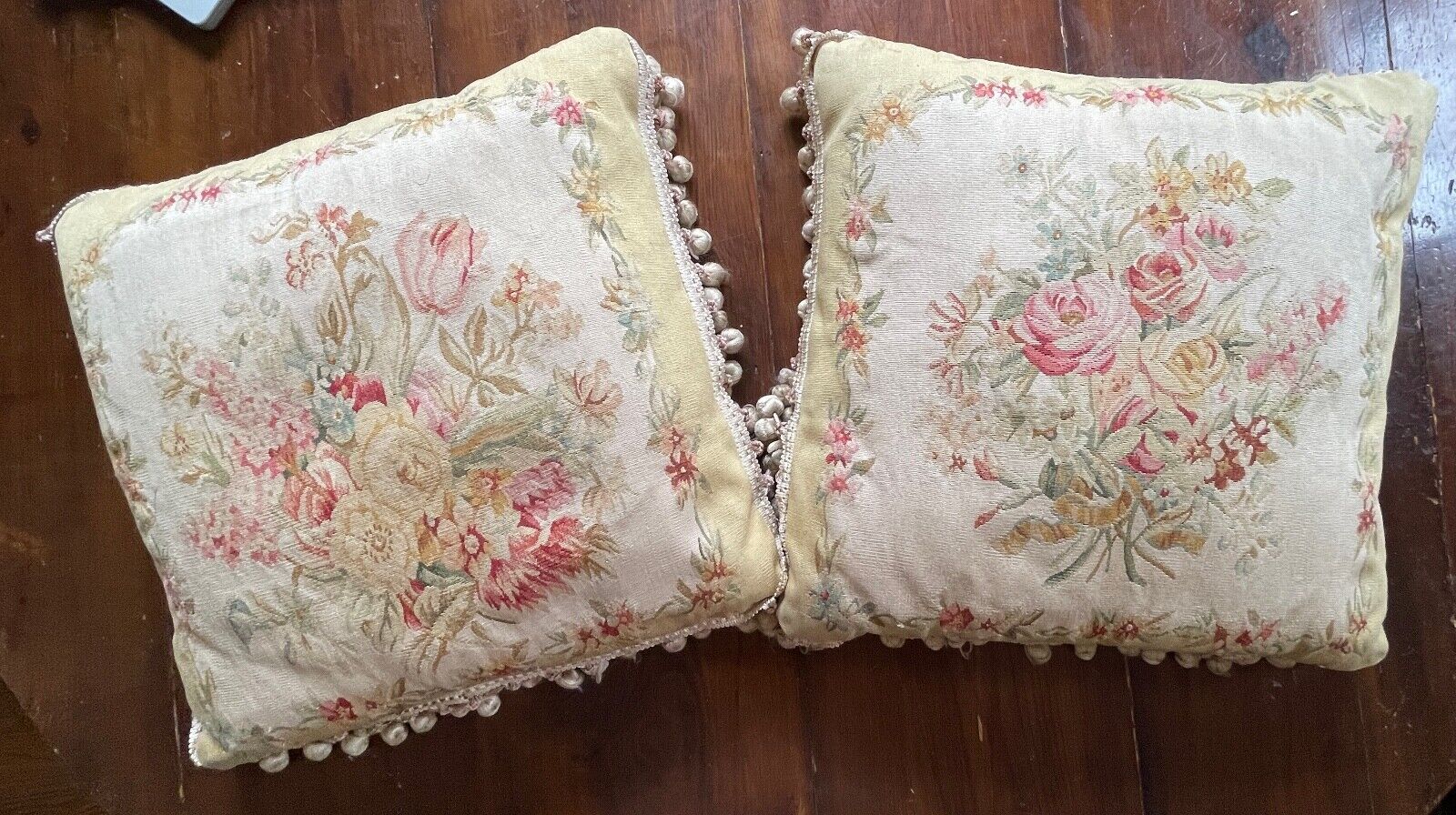 Vintage Antique Pair of Aubusson-Style Silk Tapestry Pillow Covers  YY386