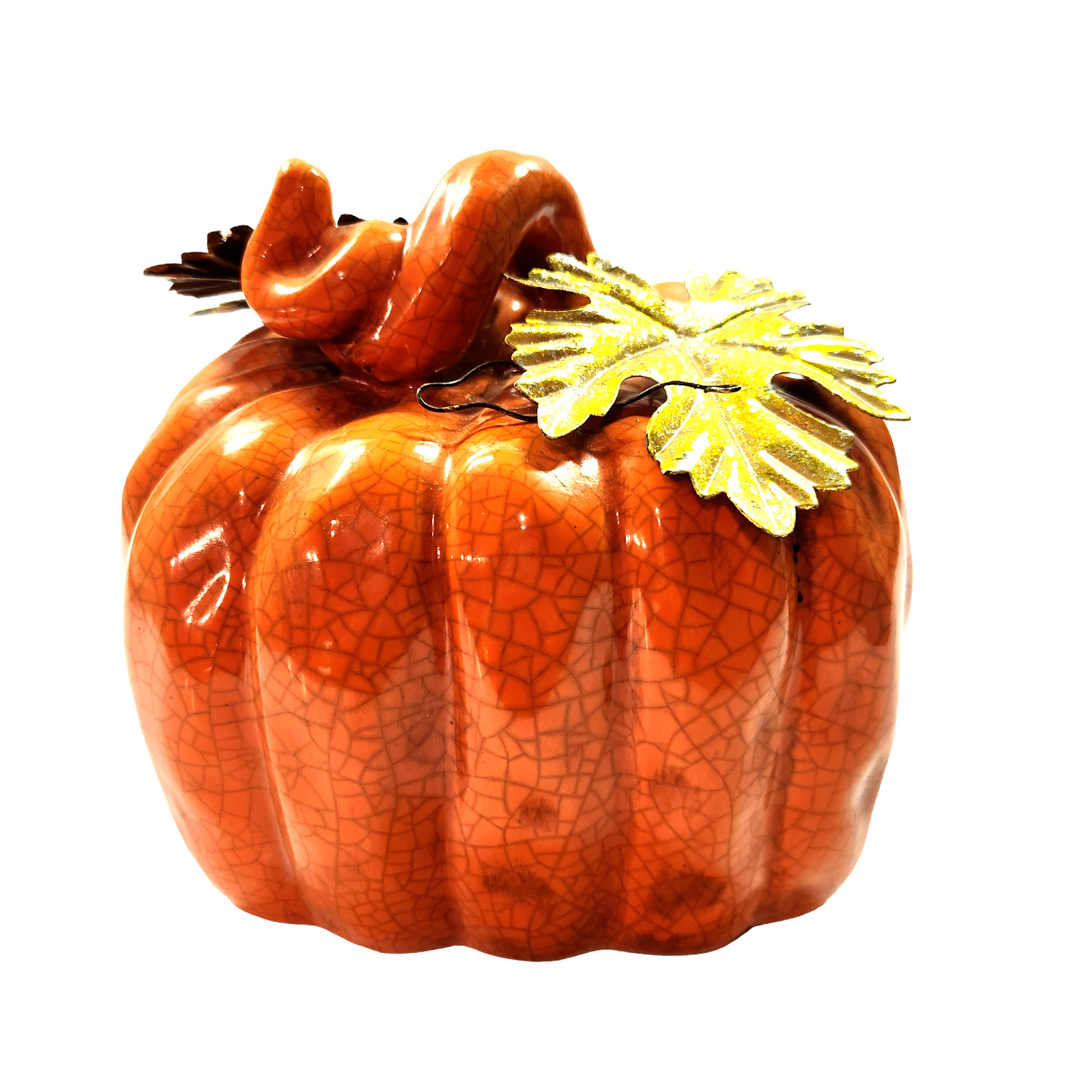 Fall 2016 Orange Ceramic Square Pumpkin with Gold Leaves Halloween Thanksgiving