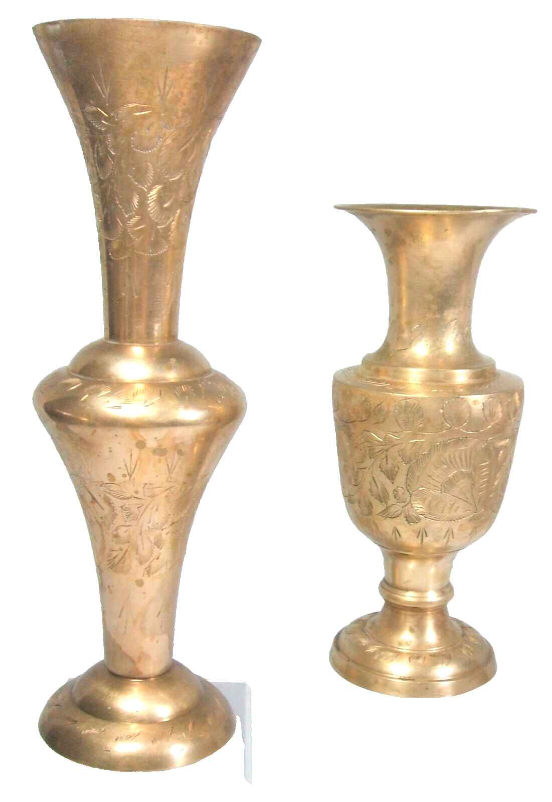 Vtg Brass Vases Candleholders Etched pattern Boho Chic MCM Style set of 2