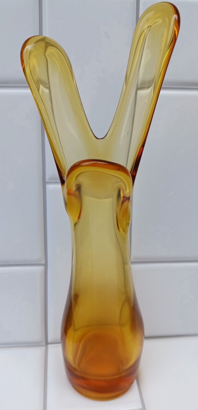 Vintage Viking 3 Finger Swung Art Glass Amber Vase Mid Century Hand Blown