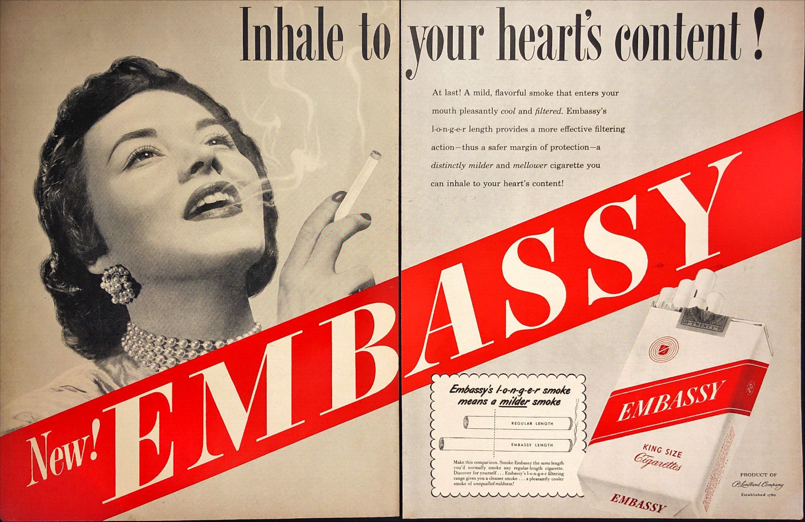 1949 New Embassy King Size Cigarettes Woman Exhaling Vintage Print Ad