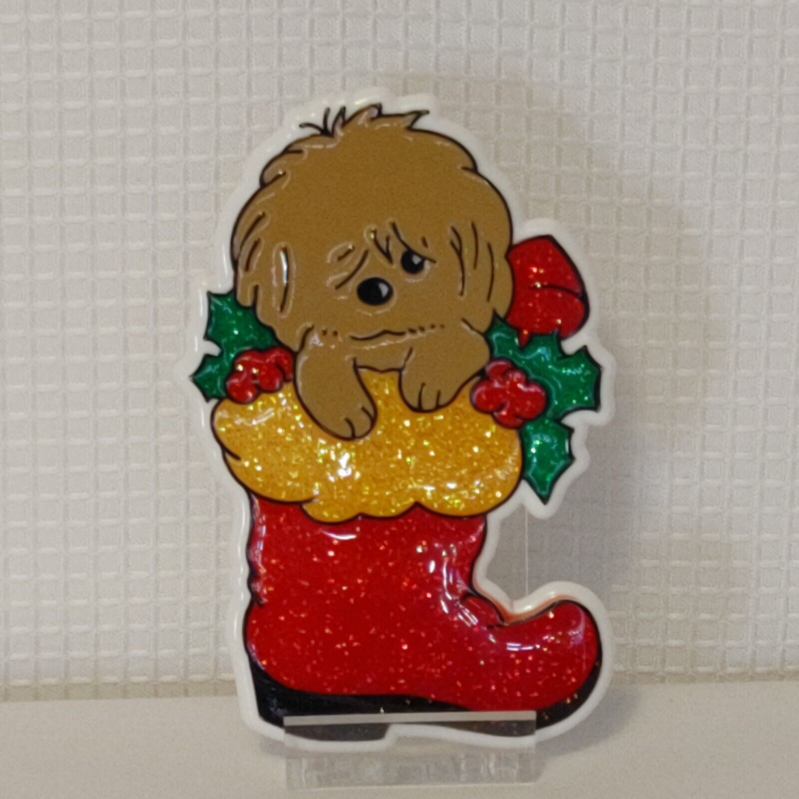 Vintage Christmas Magnet 80s Puppy In Boot Glitter Bromac 1986 Made In USA