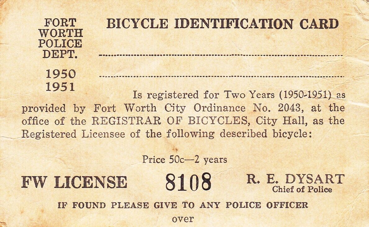 1950 FORT WORTH Texas BICYCLE Identification License Card Chief DYSART Police