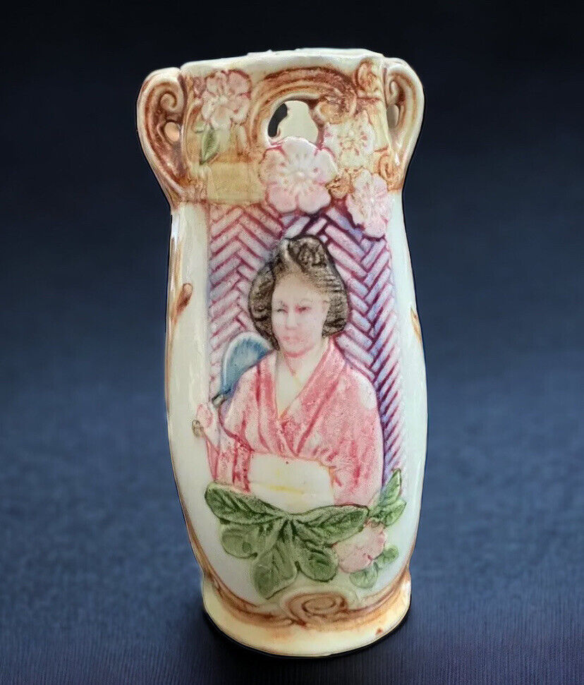 Antique japonisme Jugendstil Vase 1890s Vienna hand painted woman 5” Flower