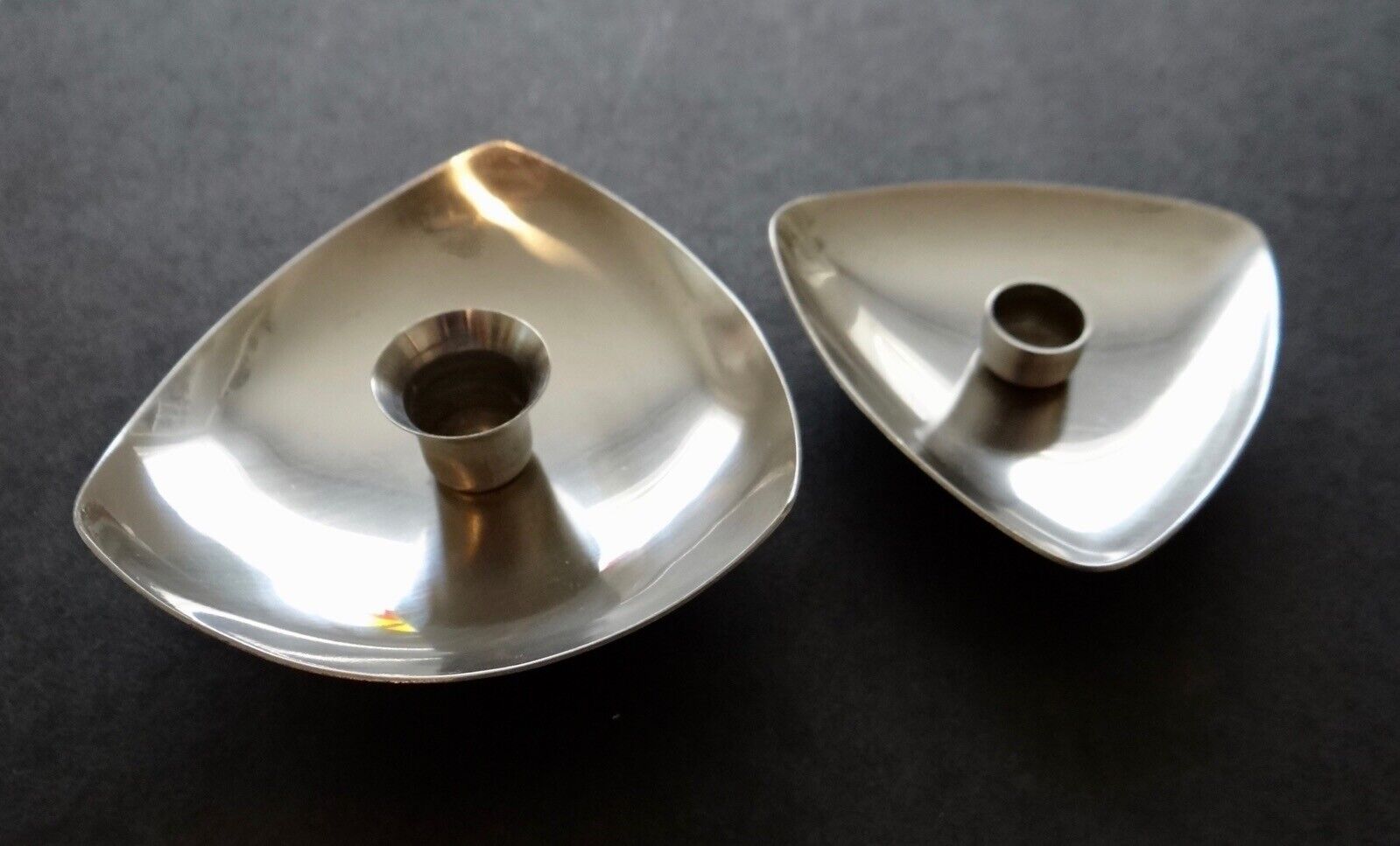 Vintage Denmark Stelton Style Stainless Steel 18/8 Triangle Taper Candle Holders