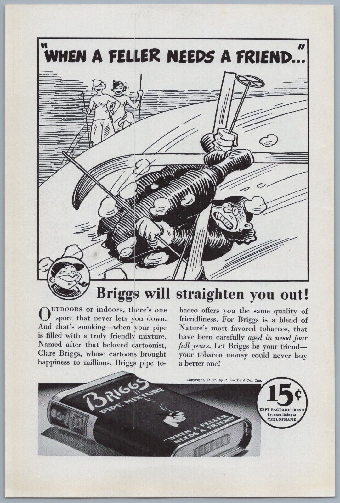1937 Briggs Pipe Tobacco Vintage Ad Skiing Cartoon Clare Briggs Cartoonist
