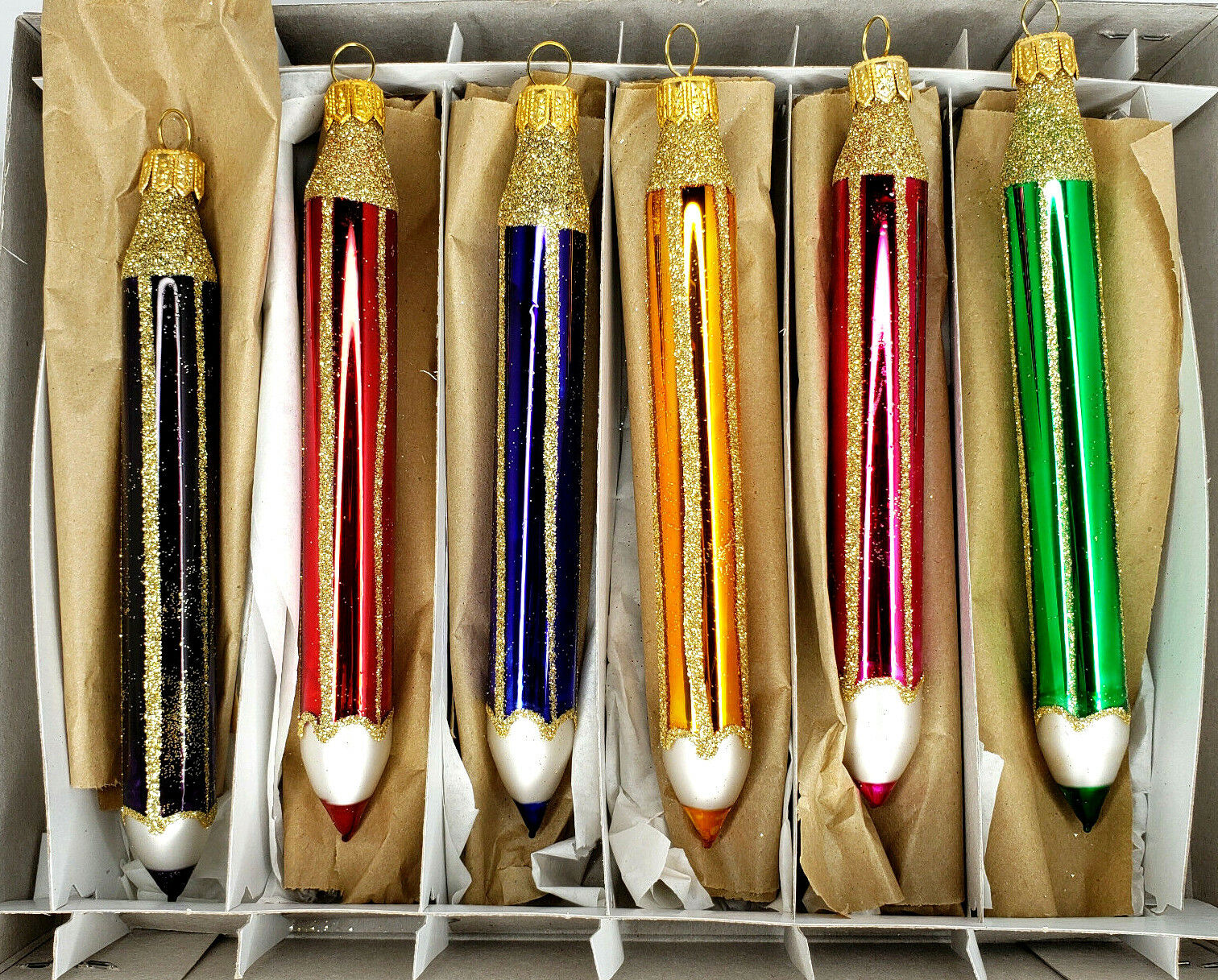 6 RETRO Handmade Traditional Czech Glass Christmas Ornaments Crayons/Pencils 6\