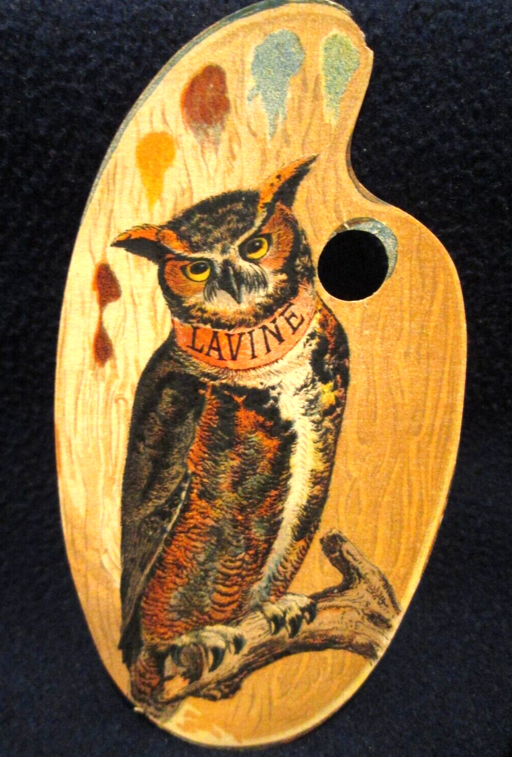 c1880s LAVINE /DIE CUT OWL & PALETTE  Hartford CT Antique Victorian Trade Card