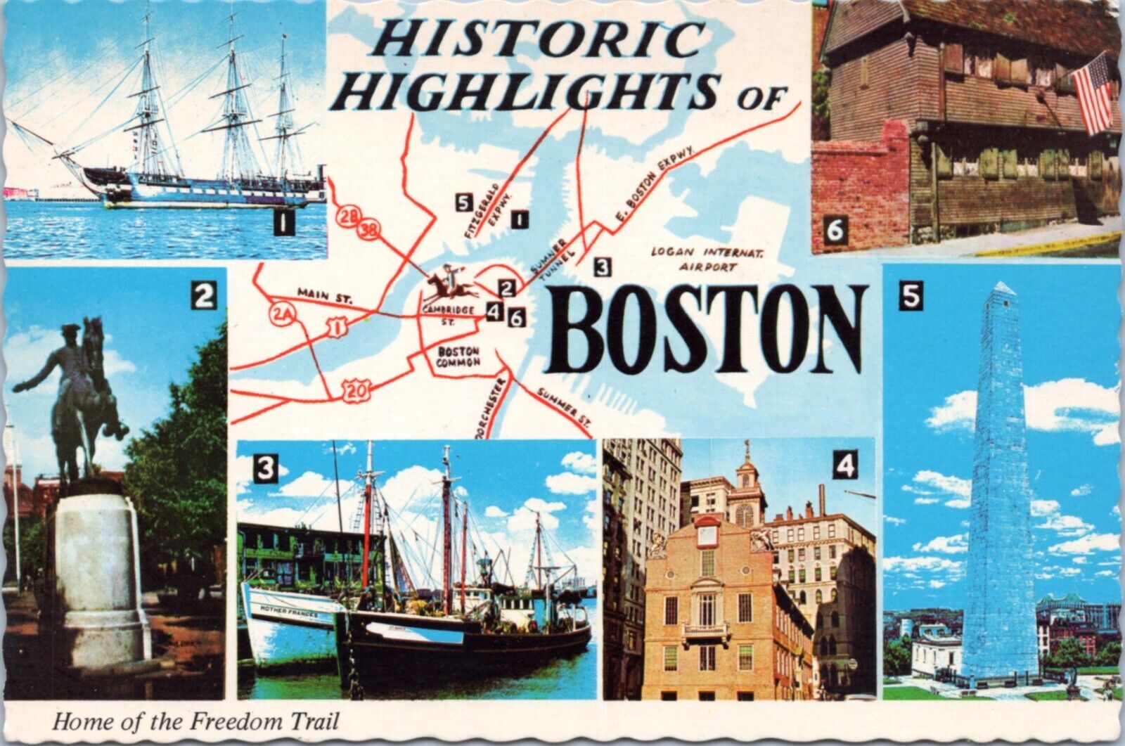 Postcard Map Massachusetts - Historic Highlights of Boston - map and pictures