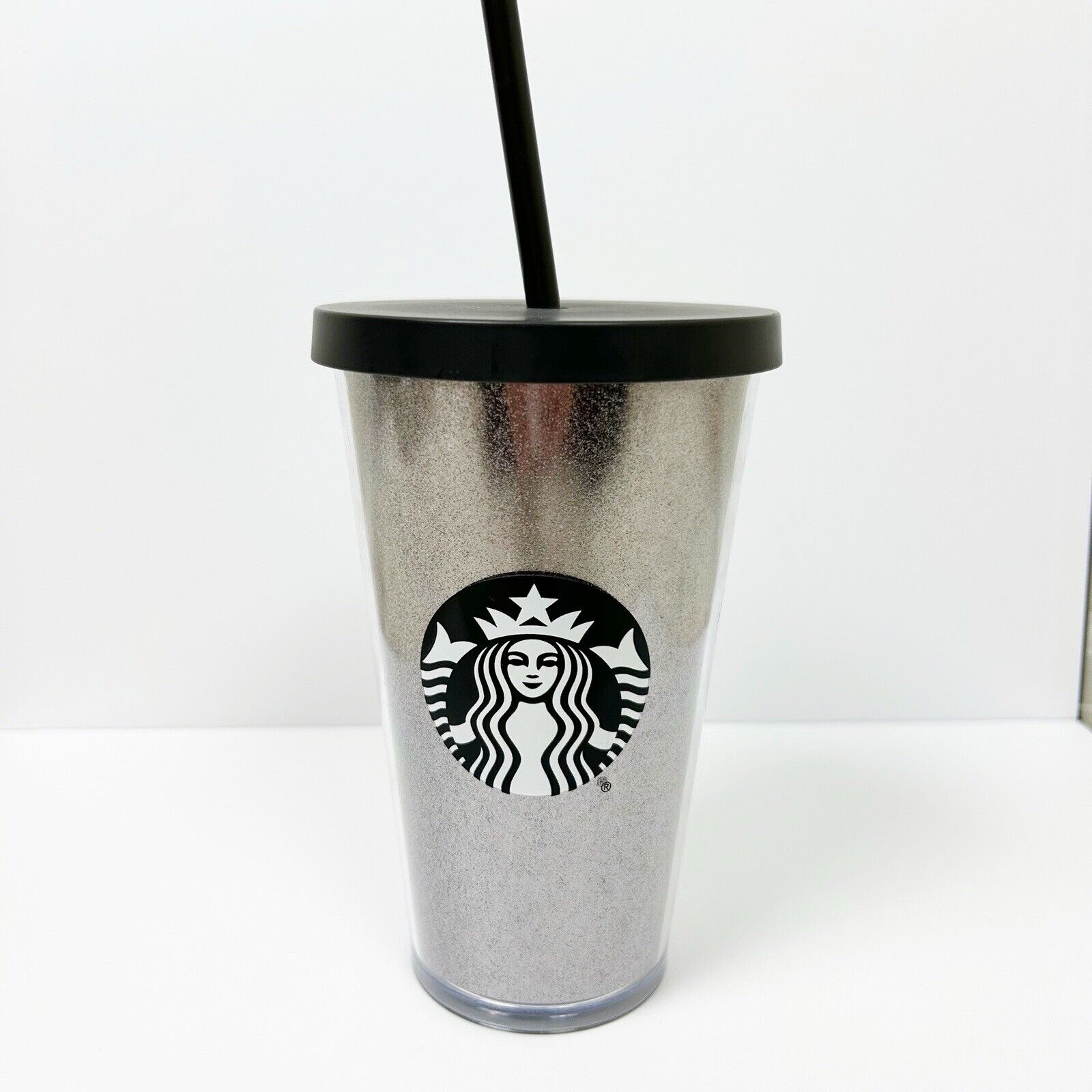Starbucks Silver Glitter sparkle black mermaid logo grande tumbler 16 oz