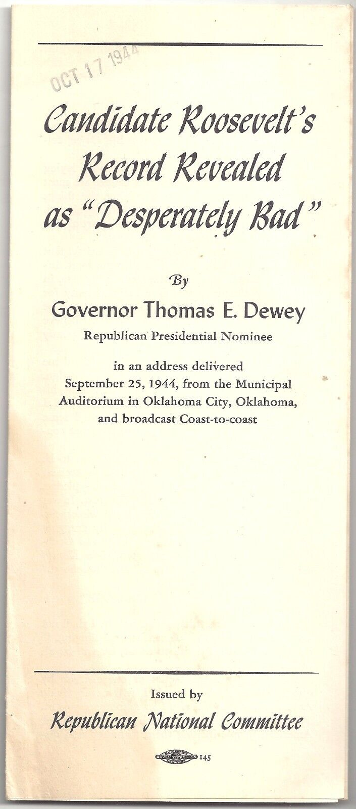 1944 Thomas DEWEY Pamphlet ~ Roosevelt's Record Revealed as DESPERATELY BAD