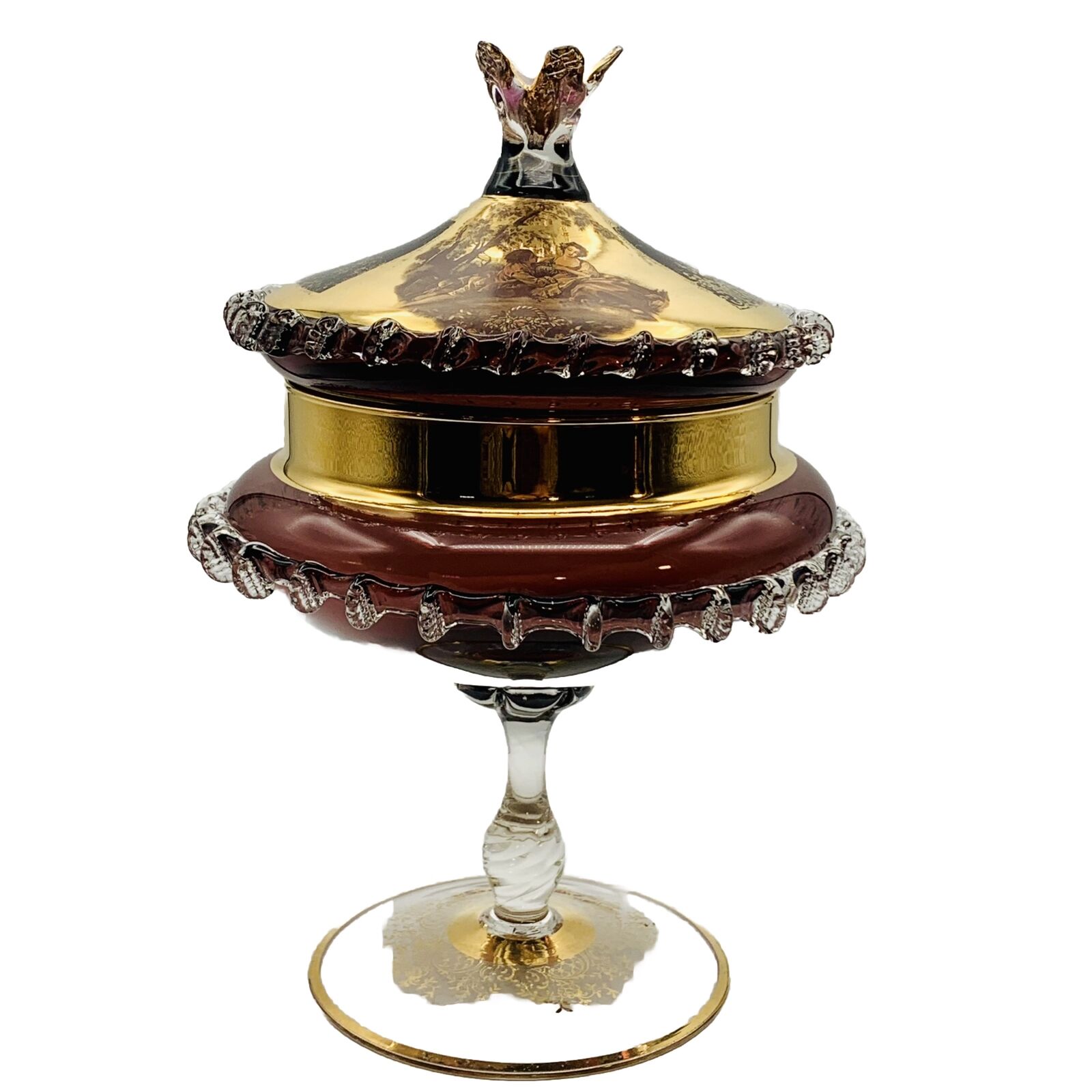 MCM Amethyst Glass & Gold Empoli Italy Pedestal Covered Compote Circus Top