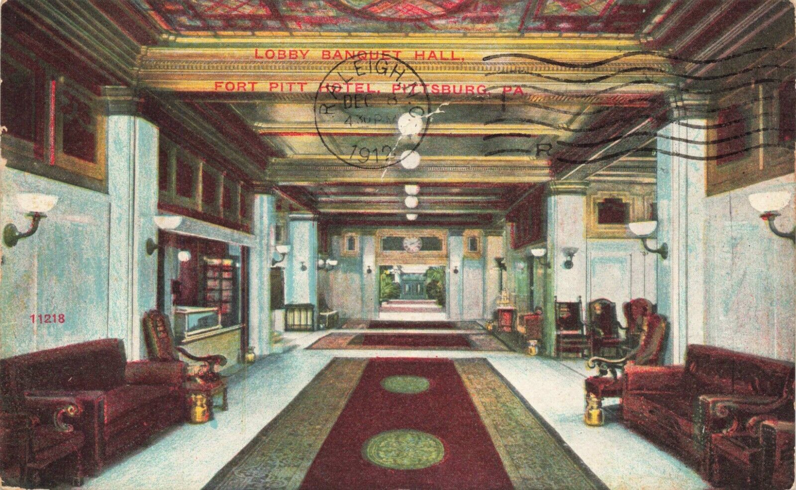 Postcard Lobby Banquet Hall Fort Pitt Hotel Pittsburg Pennsylvania PA DB 1912