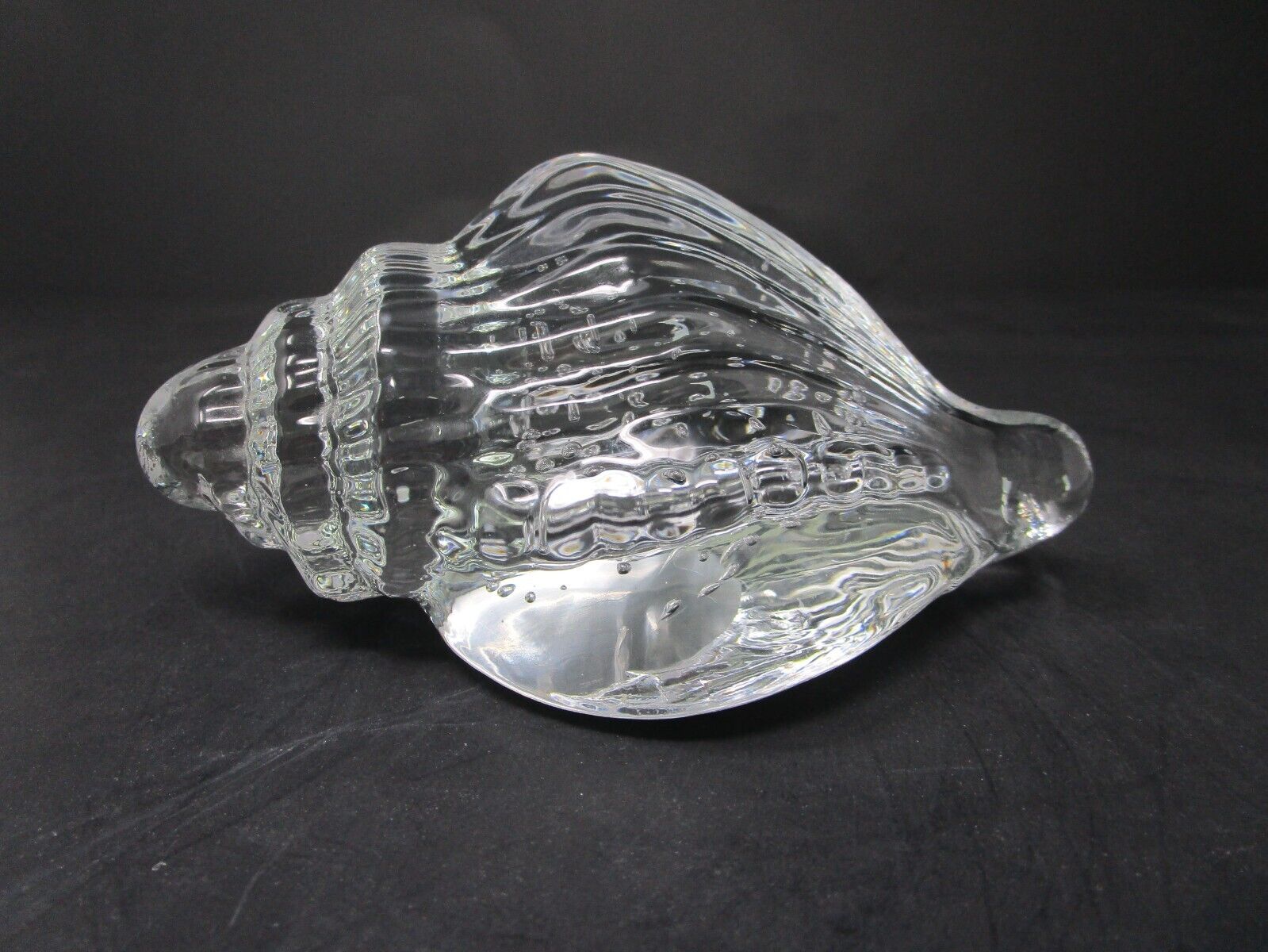 Vintage Clear Art Glass Seashell Paperweight with Controlled Bubbles