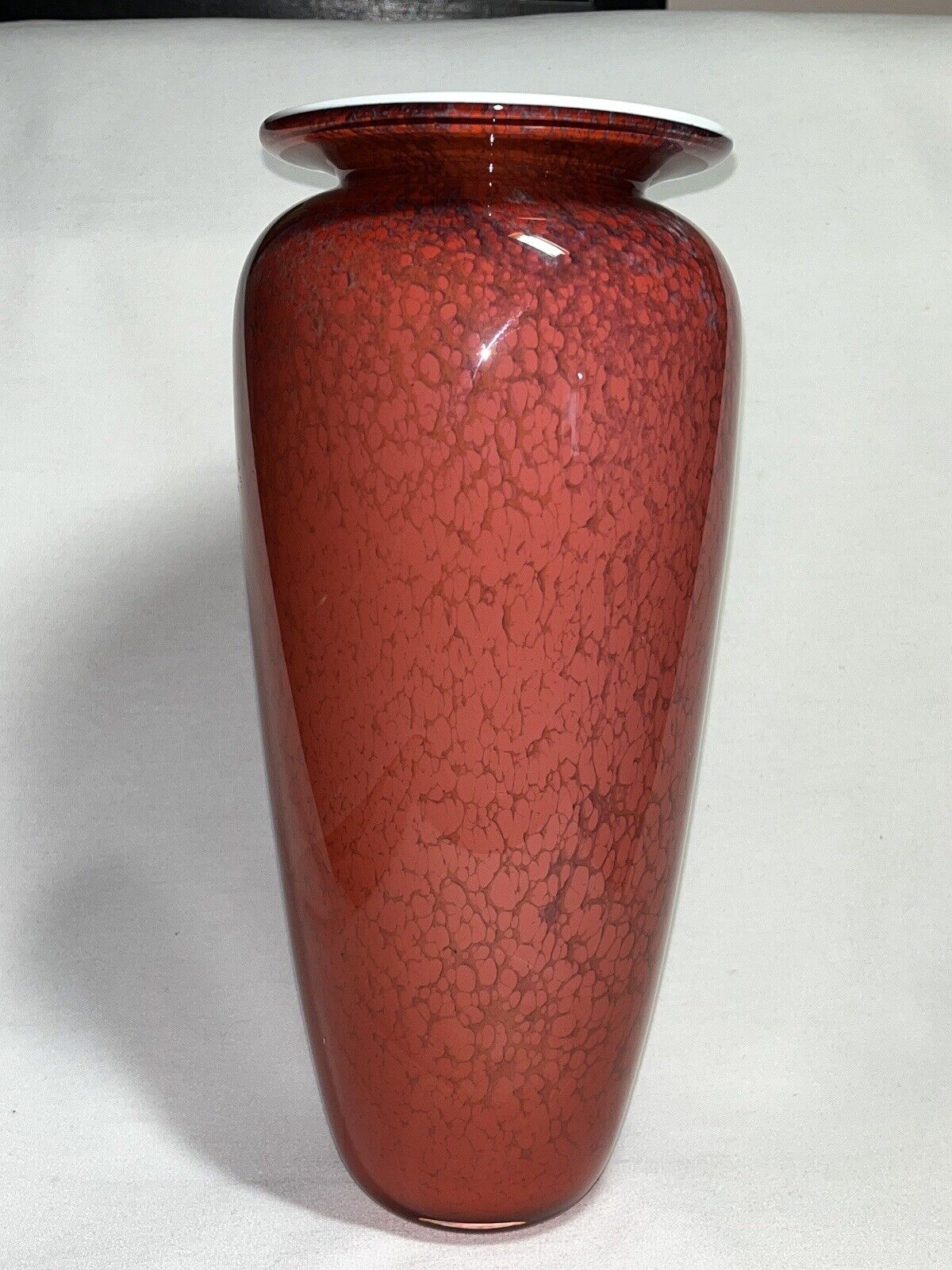 David Leppla Art Glass Vase 12”in. Mollted Scarlet Red w/Blue & White interior