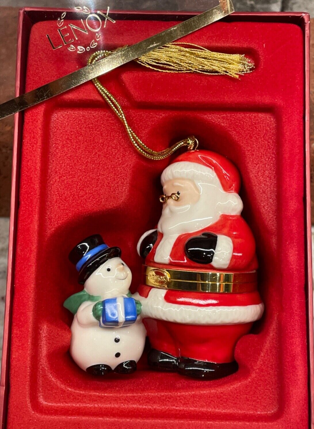 LENOX Santa & Snowman Trinket 2003 Ornament Hinged Box Gold Trim Christmas Decor