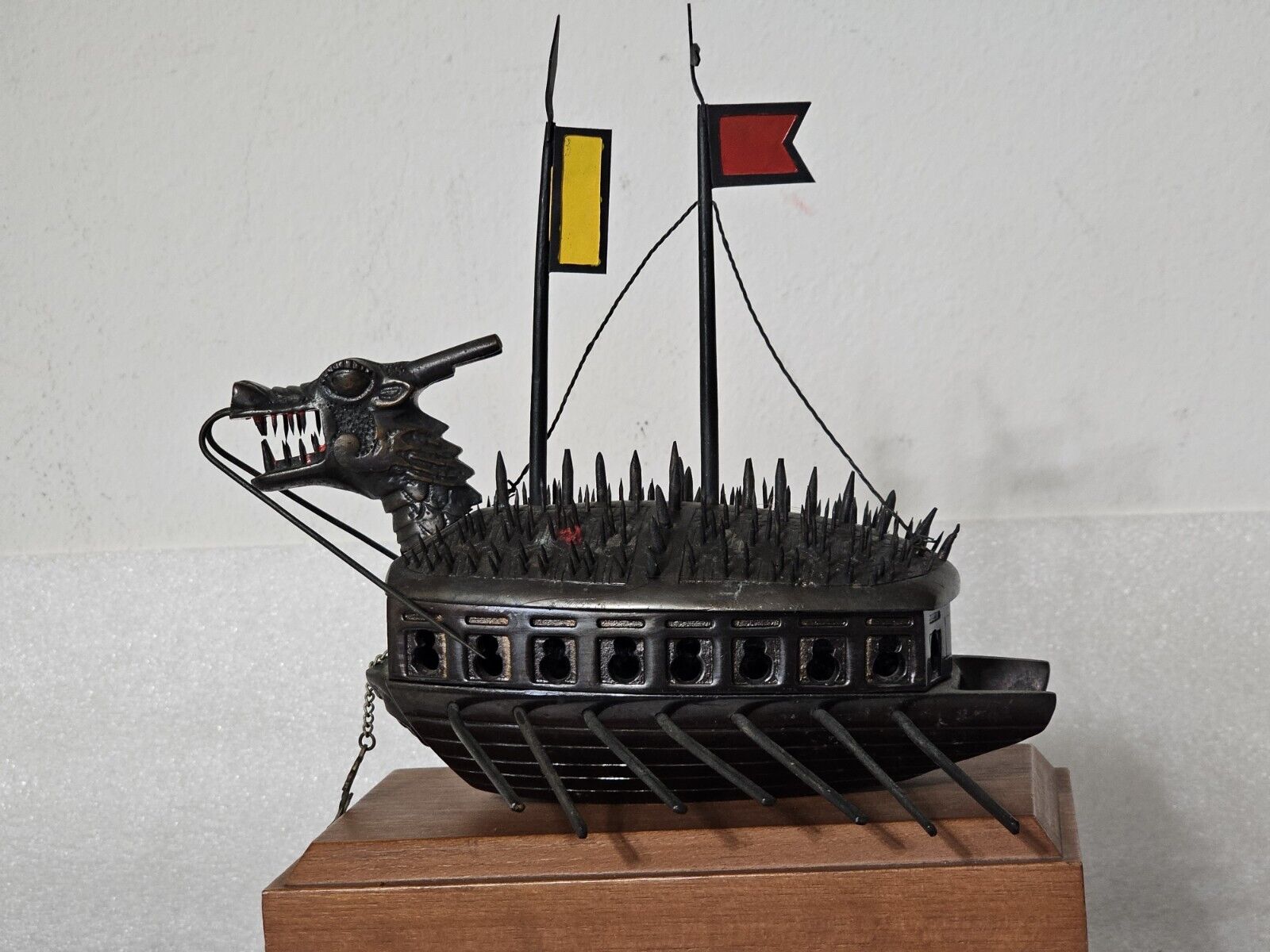 Metal Asian Warship, Heavy & Spiky, Dragon Head, Mounted on Wood, Vintage