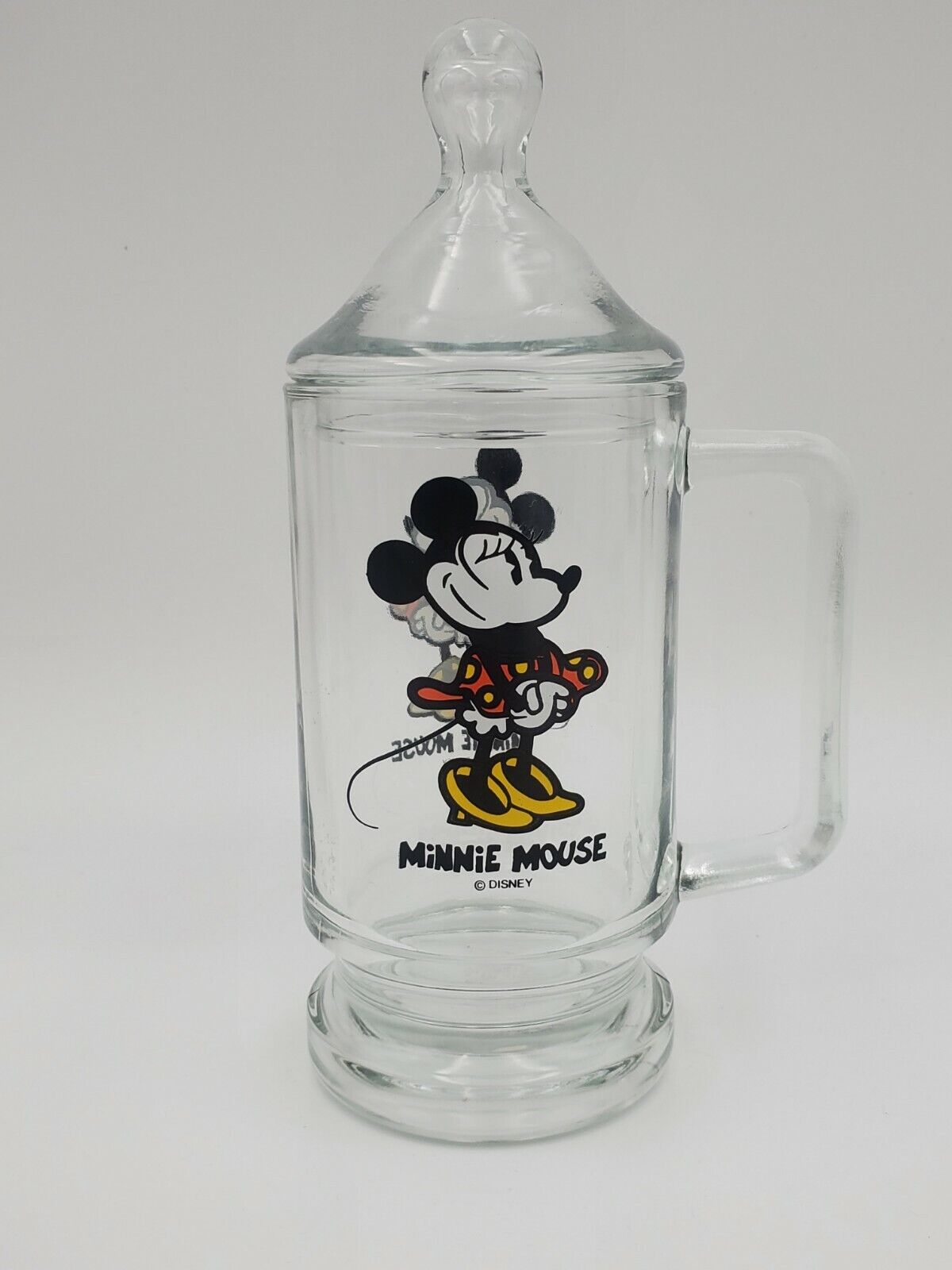 1980s Disney Minnie Mouse Glass Mug Lid Stein Pedestal Bottom Top Handle Vintage