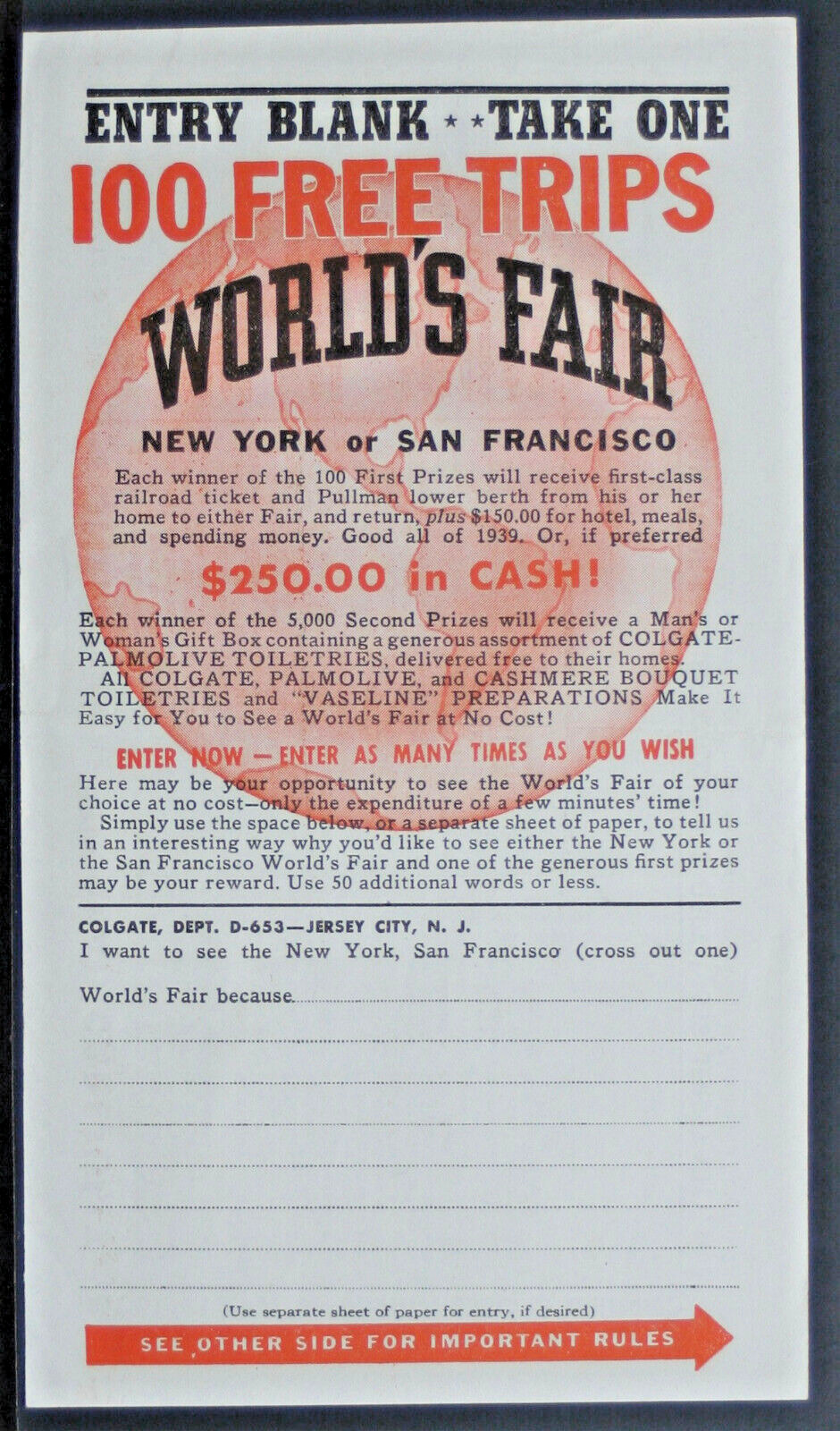 Colgate Contest - Entry to Win a Free Trip to 1906 World\'s Fair  EPH156