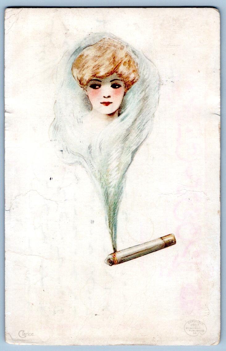 1907 WOMAN'S FACE IN SMOLDERING CIGARETTE DETROIT PUBLISHING CO ANTIQUE POSTCARD