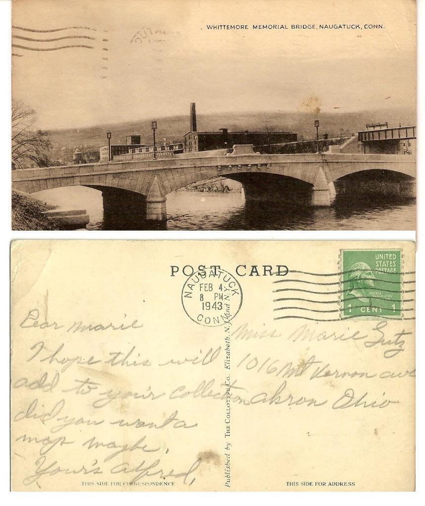 Vintage 1943 postcard Whittemore Memorial Bridge Naugatuck Conn. black & white
