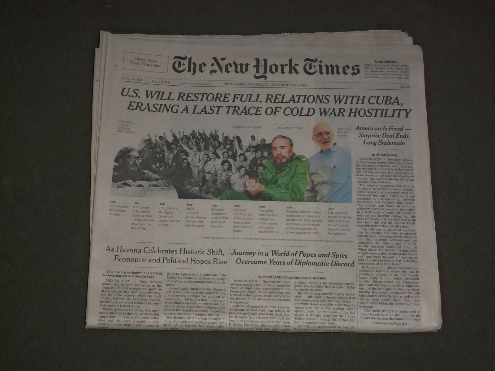 2014 DECEMBER 18 NEW YORK TIMES - U.S. WILL RESTORE FULL RELATIONS WITH CUBA