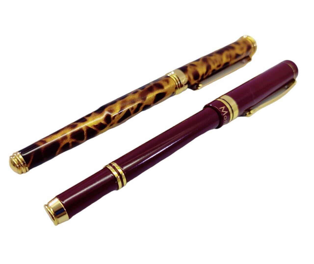 2 x MONTEFIORE Lacquered Brown Beige Gold Swirl Ballpoint Pens READ 