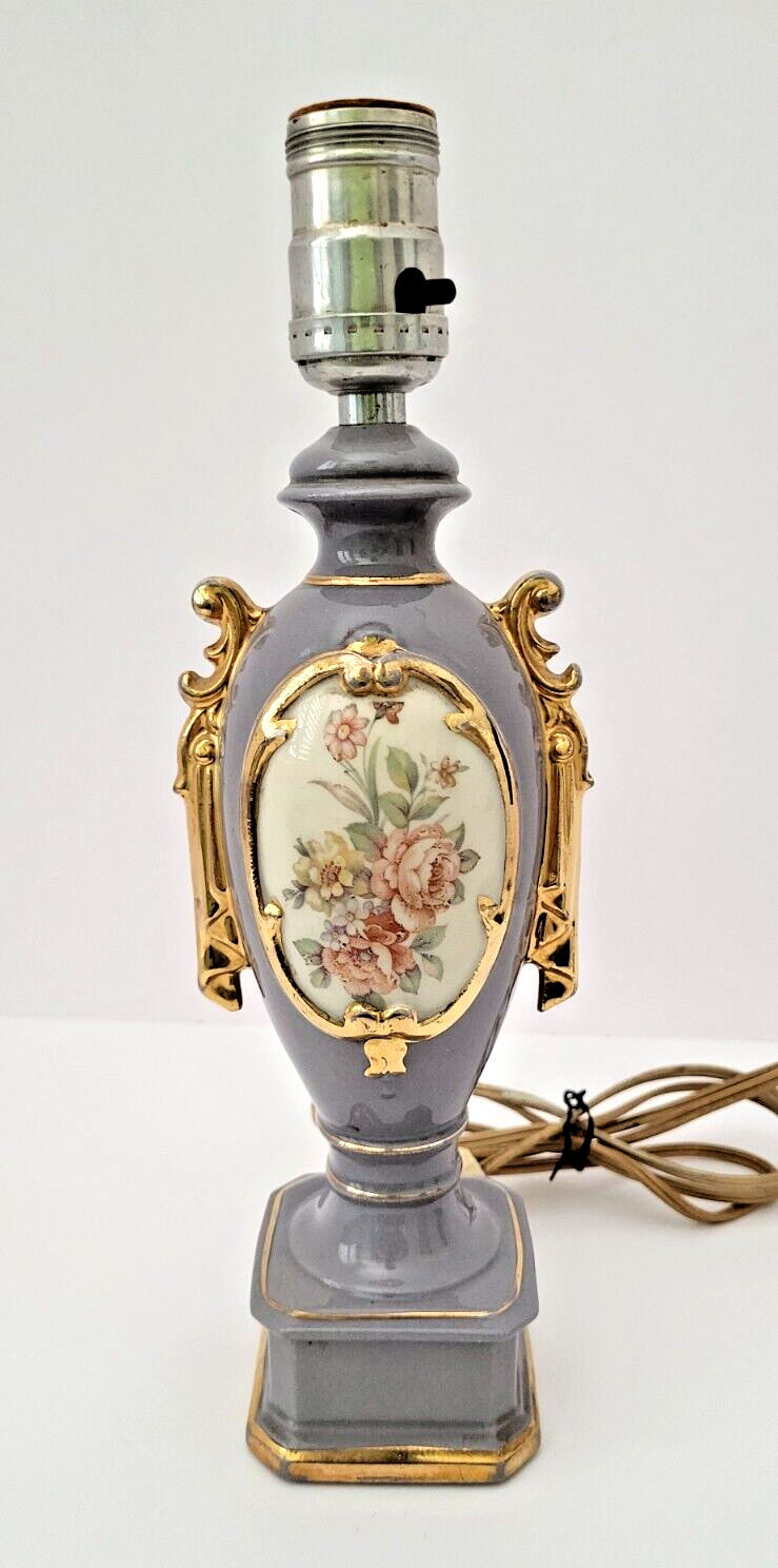 Leviton Ceramic Table Lamp Vintage 1950s Lavender Floral Design Gold Trim 12\