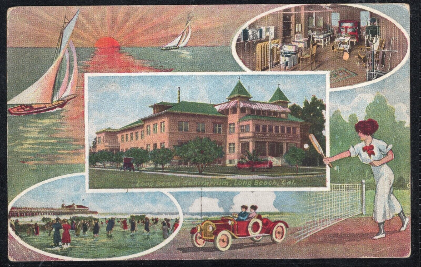 Long Beach Sanitarium postcard 1916 showing classic car