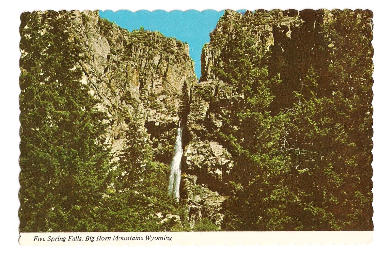 WY Postcard Wyoming Five Spring Falls Mountains