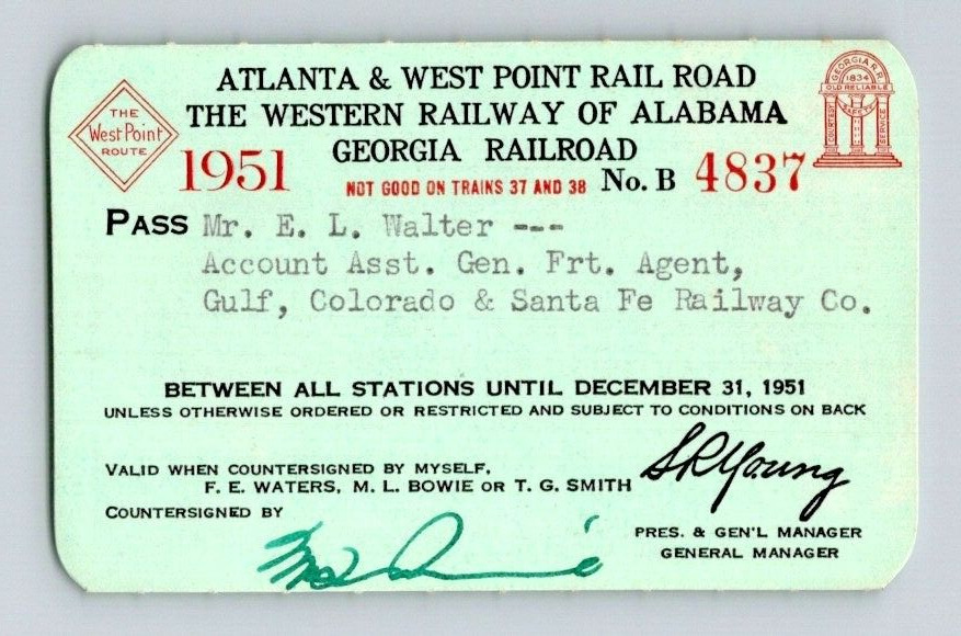1951 ATLANTA & WEST POINT R.R. OF ALABAMA. GEORGIA R.R. RAILROAD PASS