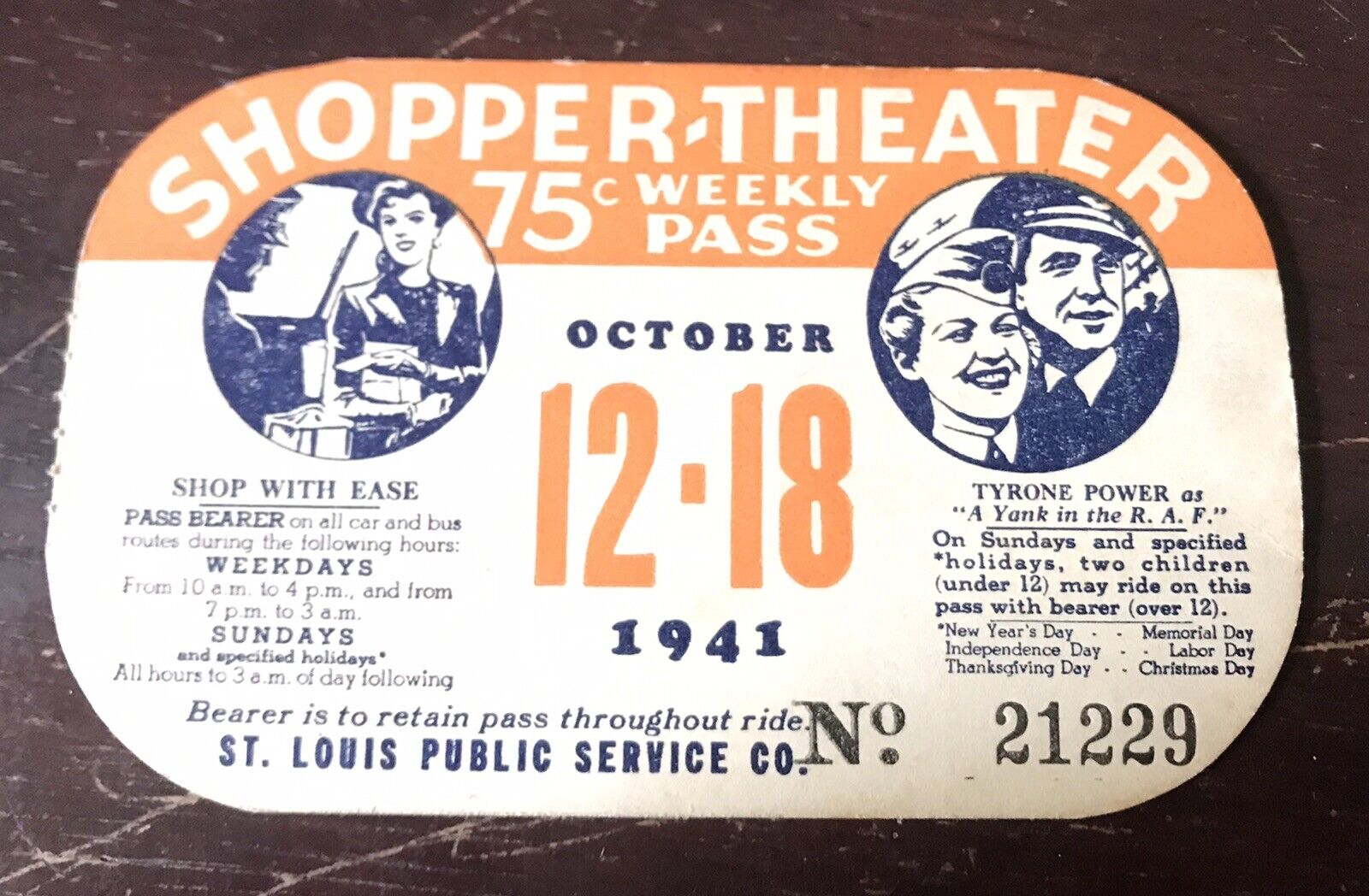 1941 St Louis MO Weekly Bus & Car Pass Tyrone Power at Shopper Theater