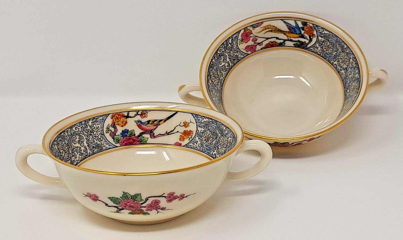 Lenox Ming Cream Soup Bowl Set of 2 porcelain ceramic birds & florals USA made