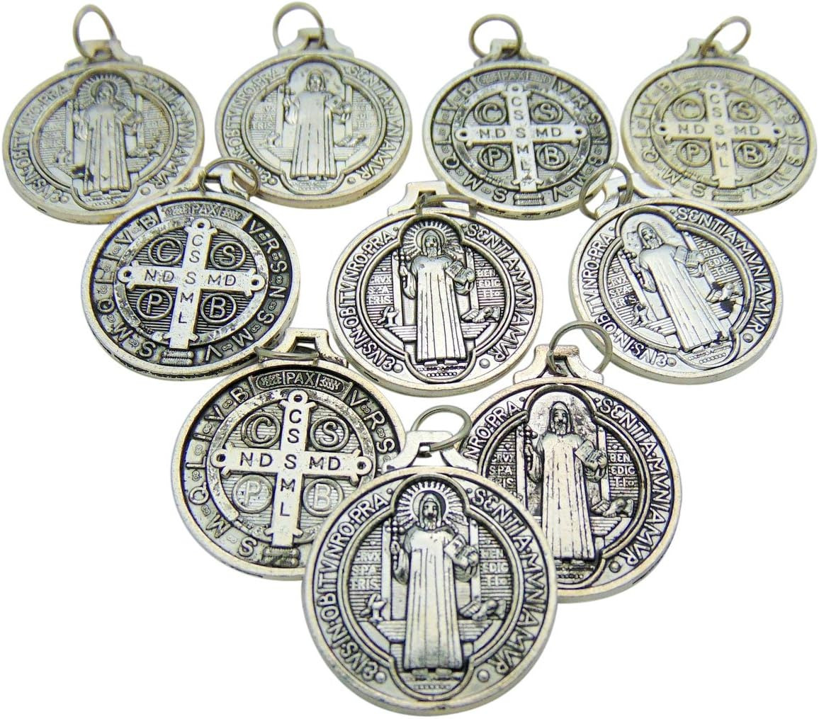 Set of 10 St Benedict Medals 7/8 Inch Metal Saint Pendant Bulk Lot