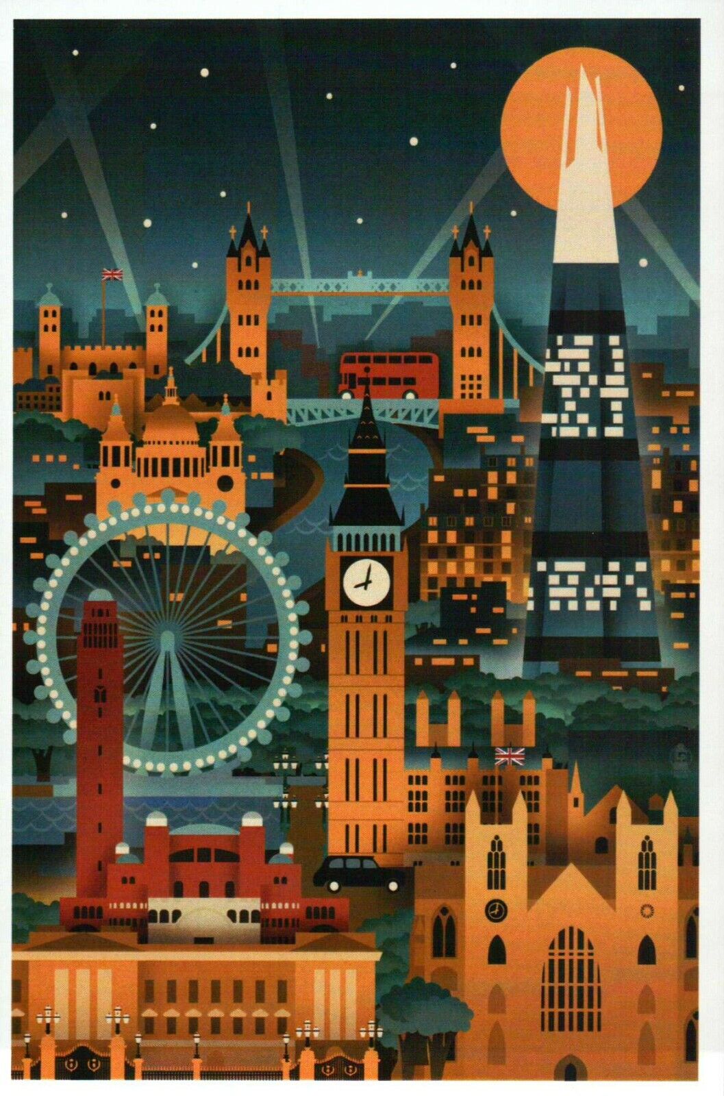 London England Retro Skyline, Big Ben, Tower Bridge, Eye UK etc. Modern Postcard