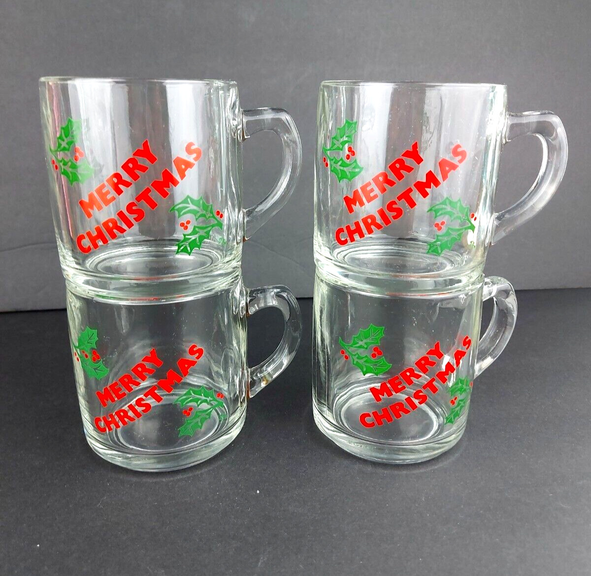 Vintage Luminarc Clear Glass Merry Christmas Holly 10oz Mugs Cups - Set of 4