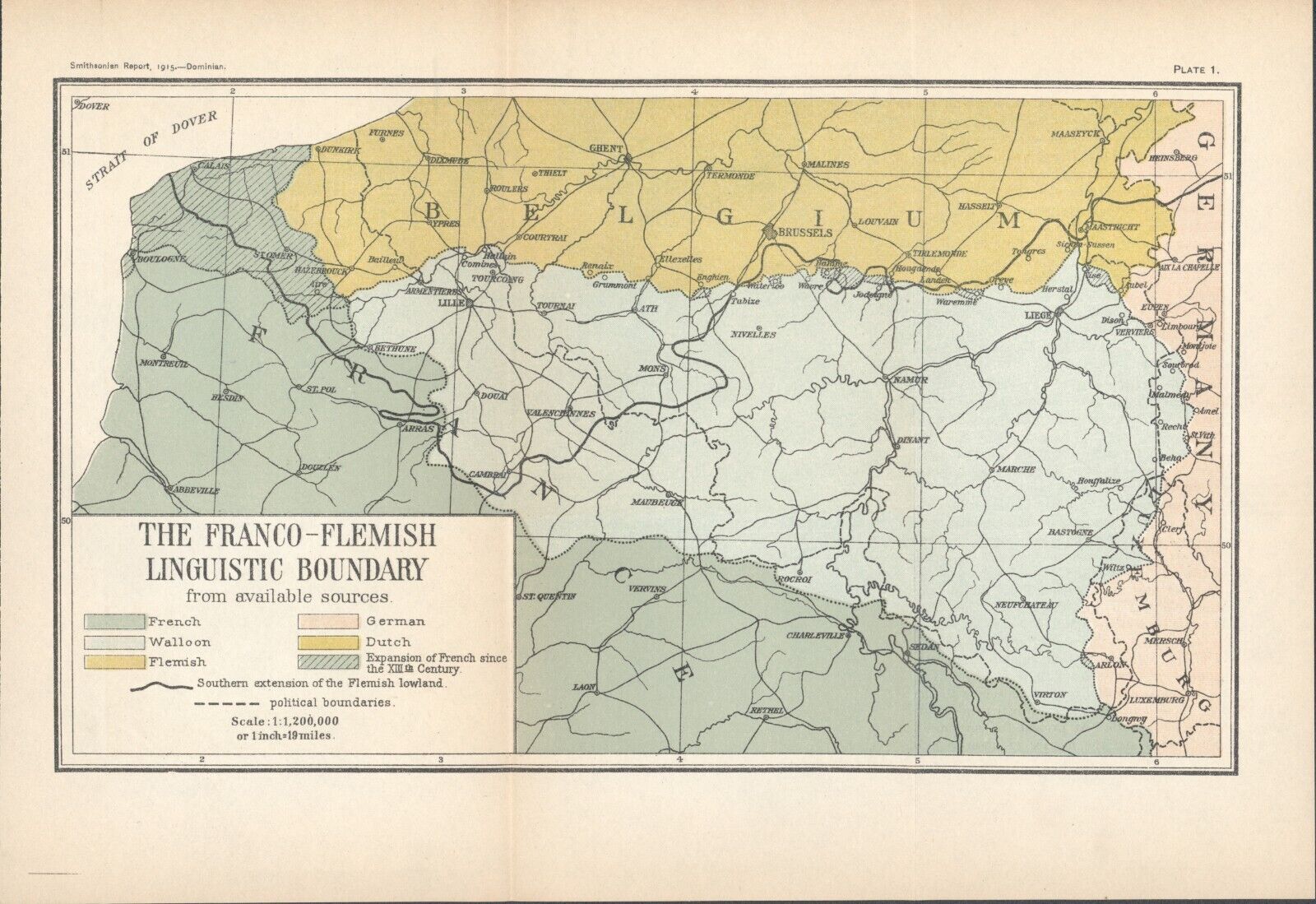 1915 Antique Map * Franco Flemish Linguistic Boundary