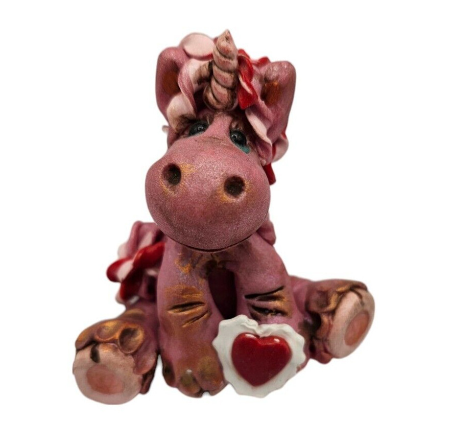 Custom OOAK Clay Unicorn Figurine Signed Whimsical Valentines Day Pink Heart