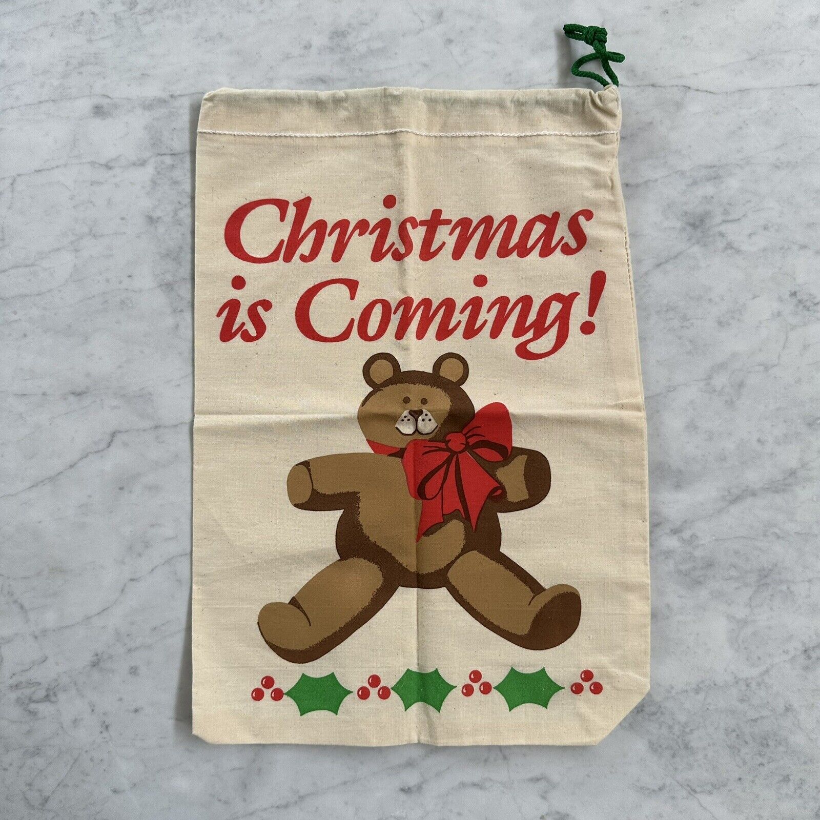 Vintage Christmas is Coming Brown Teddy Bear Drawstring Cloth Holiday Gift Bag 