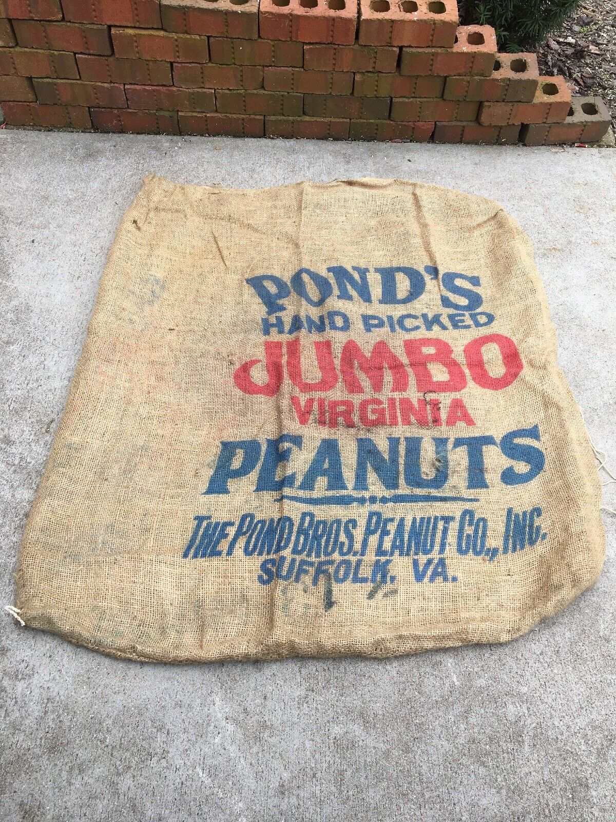 Vintage Burlap Feed Sack Pond’s Hand Picked Jumbo Peanuts Suffolk Virginia