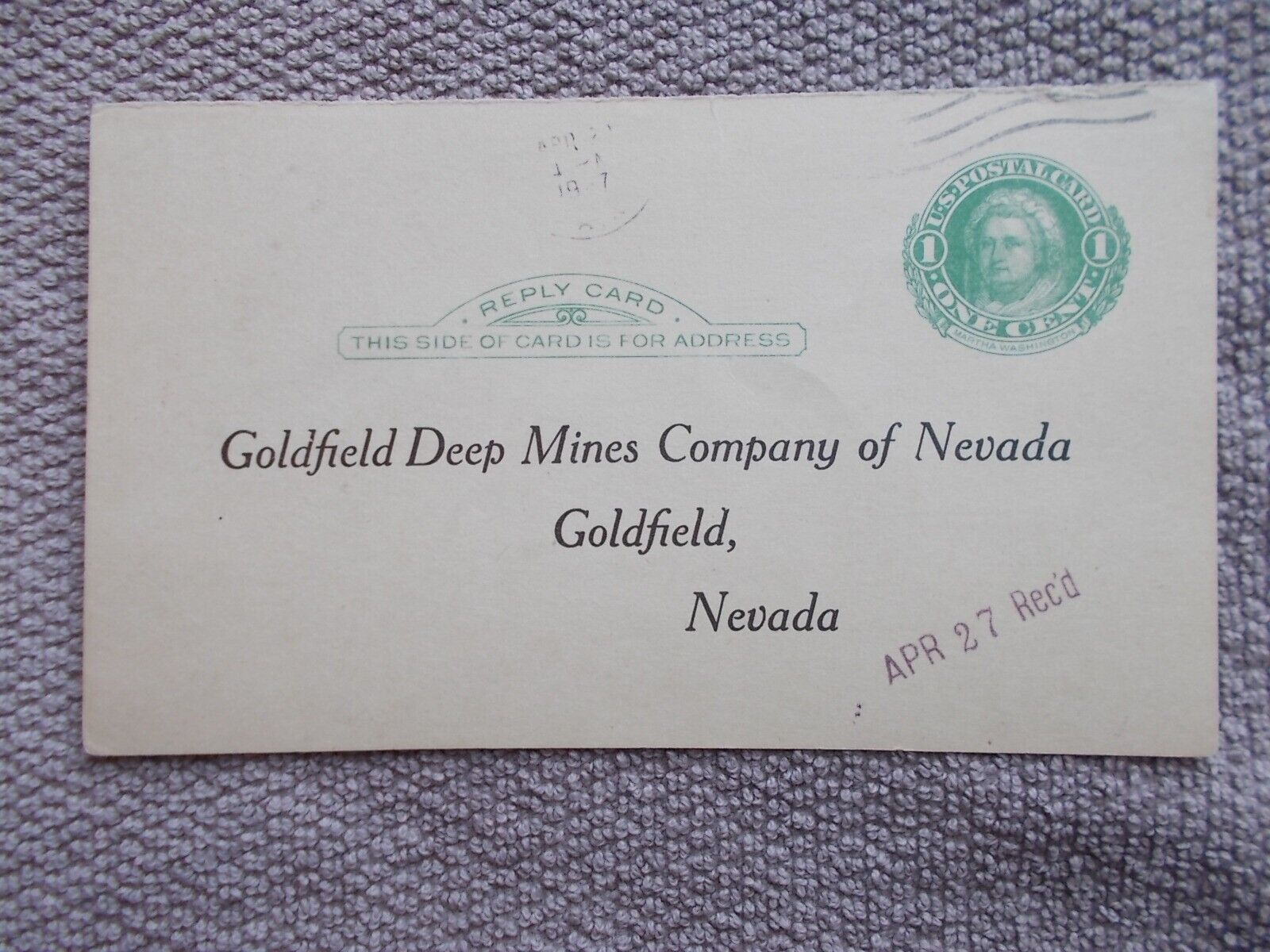 Goldfield Nevada Post Card DOCUMENT: DEEP MINES STOCK HOLDER POSTMARK 1927 GFNV