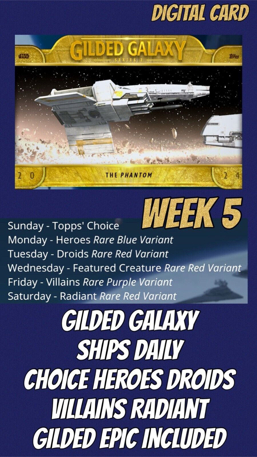 Topps Star Wars Card Trader GILDED GALAXY Week 5 All Epic Gilded Rare UC 18 Card